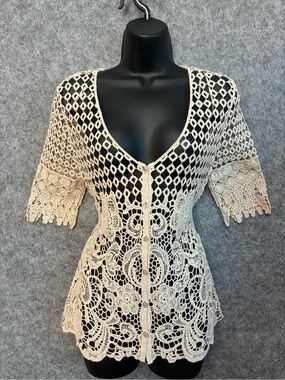 Questions By Say What Boho Cottagecore Crochet Lace Open Knit Floral Cardigan S